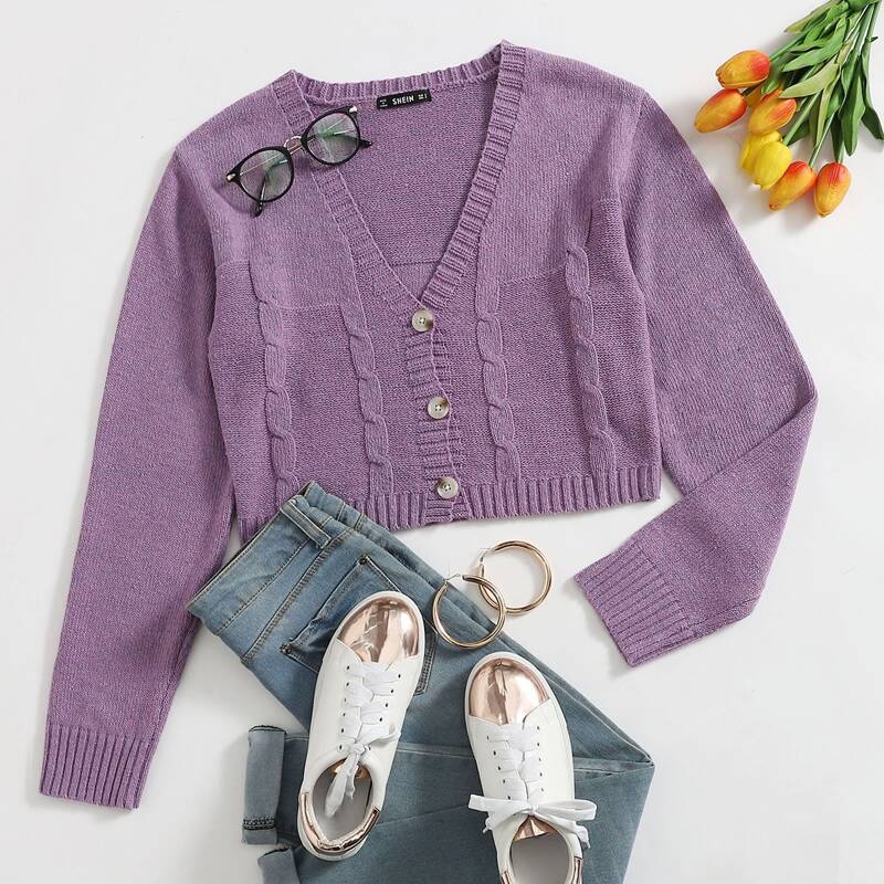 

Buttoned Front Cable Knit Cardigan, Purple