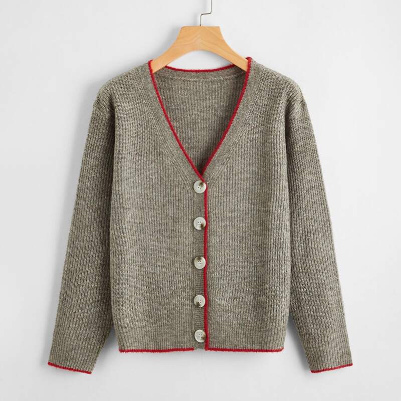 

Buttoned Front Contrast Trim Cardigan, Grey