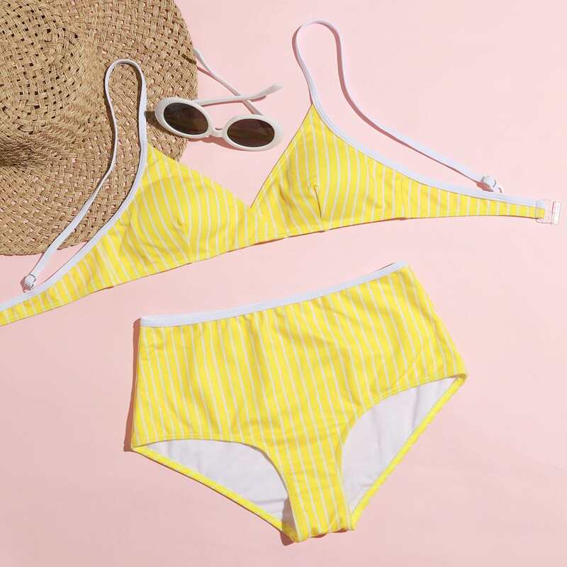 

Stripe High Waist Bikini Swimsuit, Yellow bright