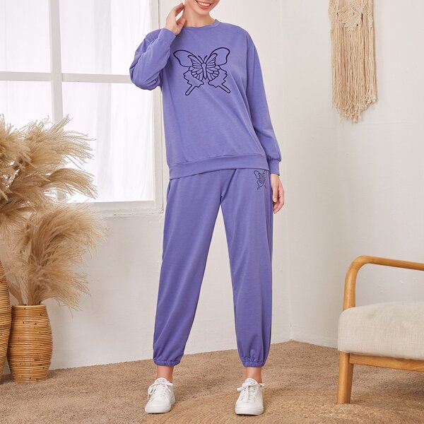 

Butterfly Print Sweatshirt With Sweatpants, Violet purple