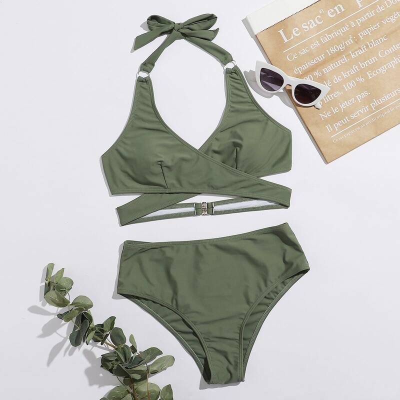 

Wrap Halter Bikini Swimsuit, Army green
