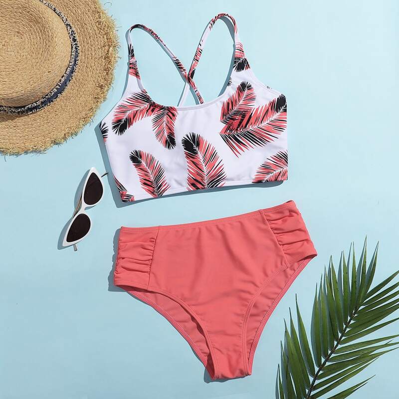 

Tropical Lace-up High Waist Bikini Swimsuit, Red and white
