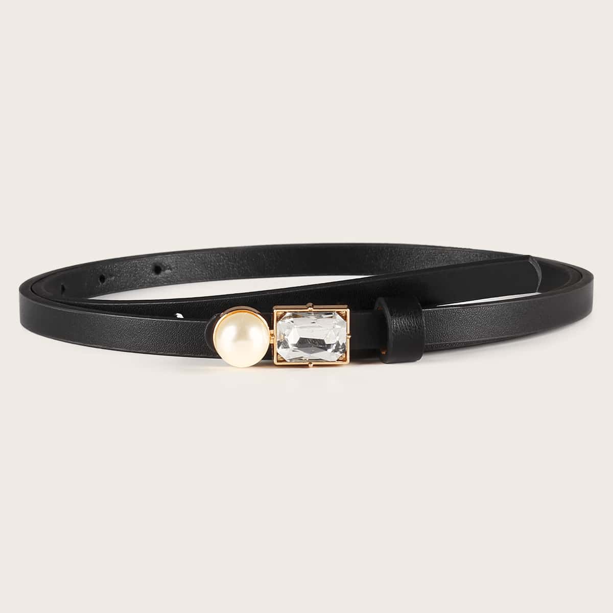 

Faux Pearl & Rhinestone Skinny Belt, Black