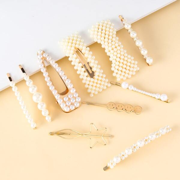 

10pcs Faux Pearl Decor Hair Clip, Gold