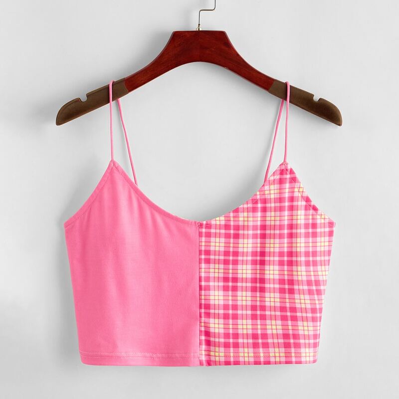 

Two Tone Plaid Crop Cami, Pink