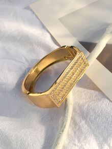 1pc European & American Fashion Square Flat Diamond-Studded Bracelet For Women - Yellow Gold - View 3