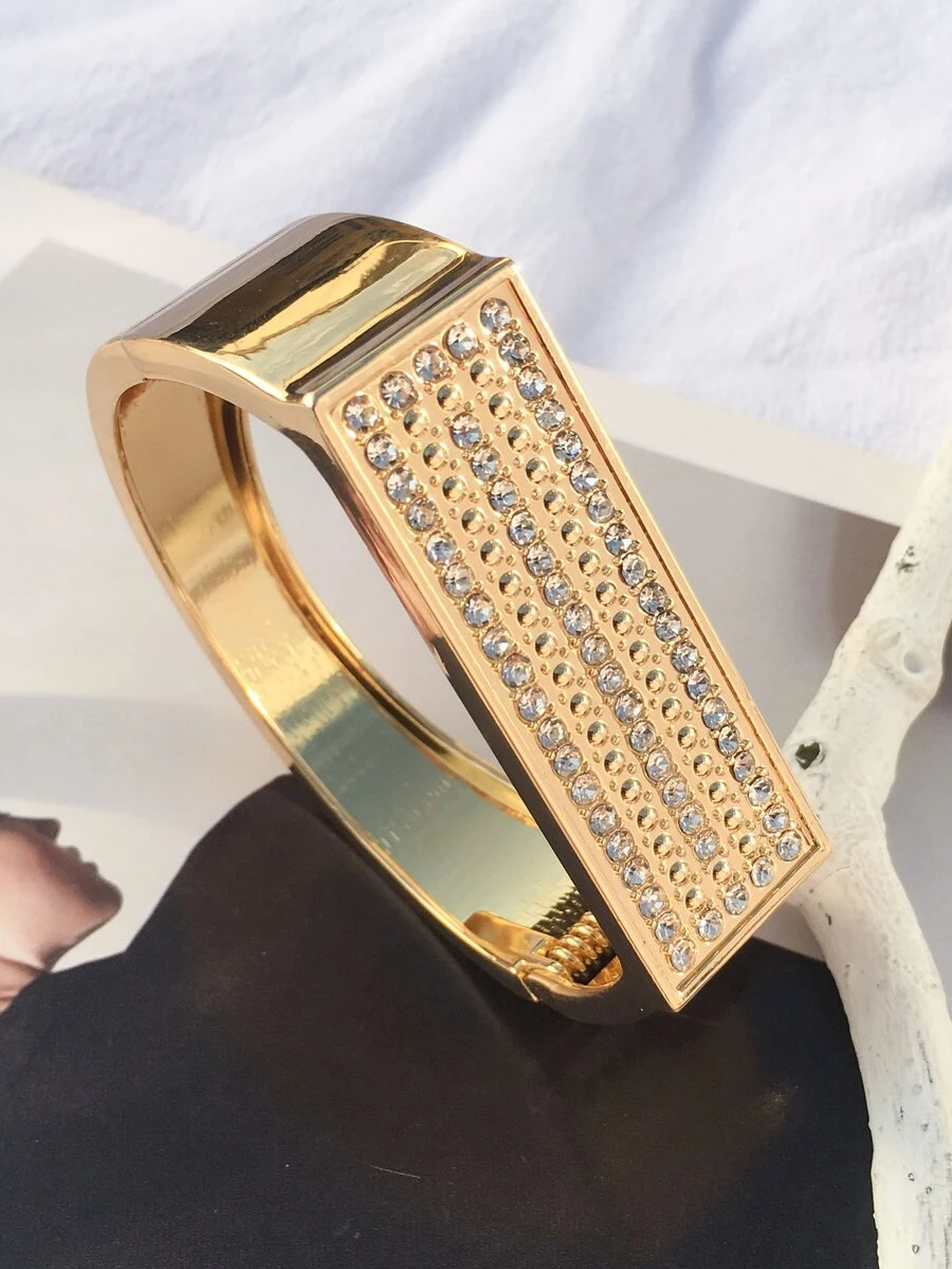 1pc European & American Fashion Square Flat Diamond-Studded Bracelet For Women - Yellow Gold - View 1