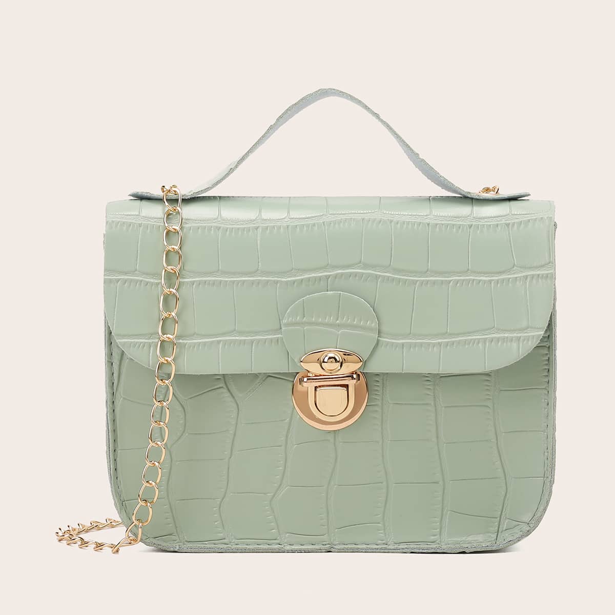 

Push Lock Croc Embossed Satchel Bag, Green