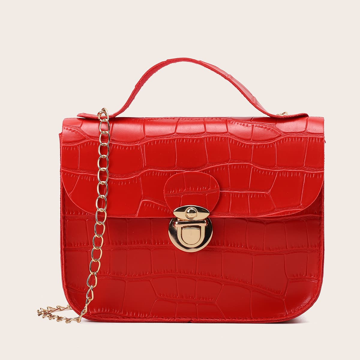 

Push Lock Croc Embossed Satchel Bag, Red