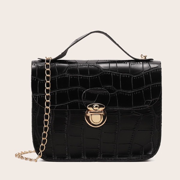 

Push Lock Croc Embossed Satchel Bag, Black