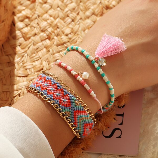 

3pcs Tassel Charm Beaded Bracelet, Multicolor