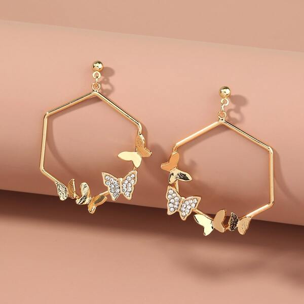 

Butterfly Decor Hexagon Charm Drop Earrings, Gold