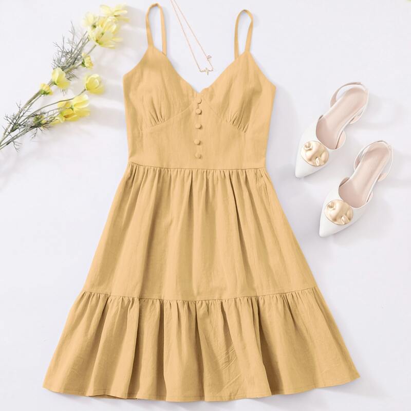 

Shirred Back Button Ruffle Cami Dress, Mustard yellow