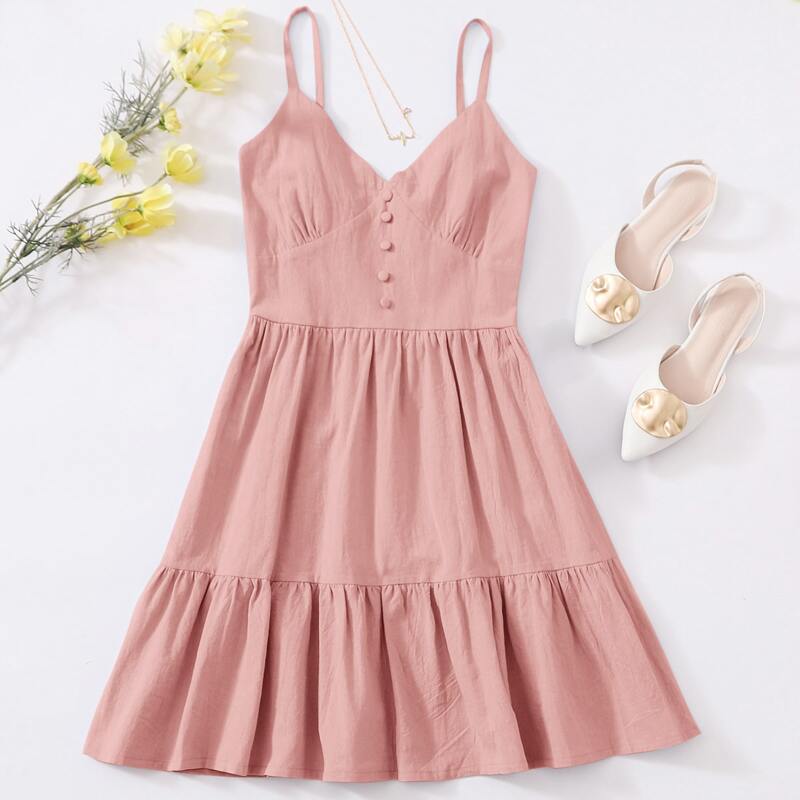 

Shirred Back Ruffle Hem Cami Dress, Baby pink
