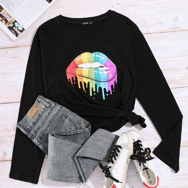 

Plus Rainbow Bite Lip Print Tee, Black
