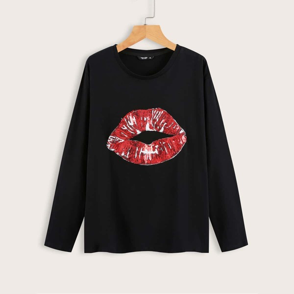 

Plus Sequins Panel Lip Print Tee, Black
