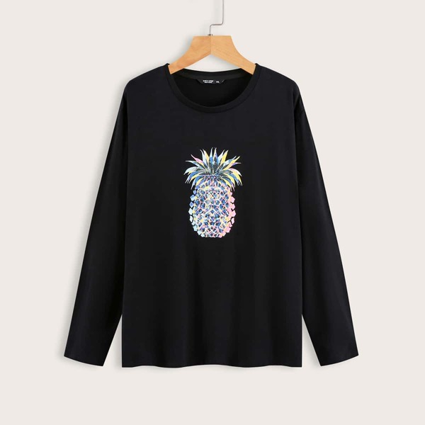 

Plus Pineapple Print Long Sleeve Tee, Black