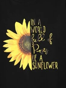 Plus Sunflower And Slogan Graphic Tee - Black - View 4