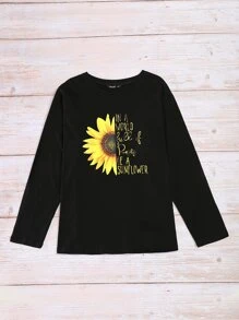 Plus Sunflower And Slogan Graphic Tee - Black - View 5