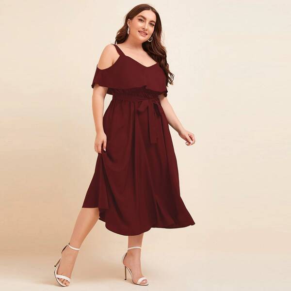 

Plus Solid Cold Shoulder Belted Dress, Burgundy