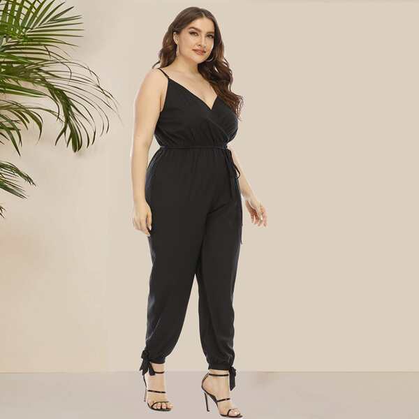 

Plus Solid Belted Surplice Front Cami Jumpsuit, Black