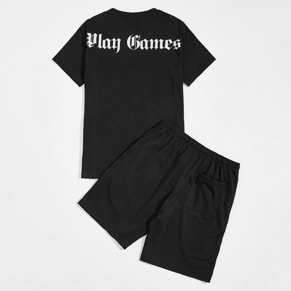 

Men Slogan Graphic Tee & Shorts, Black