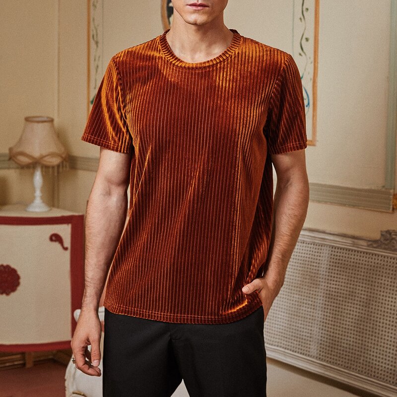 

Men Solid Rib-Knit Velvet Tee, Brown