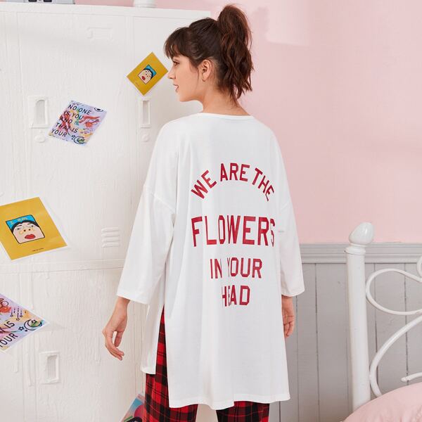 

Drop Shoulder Split Side Slogan Graphic Sleep Top, White