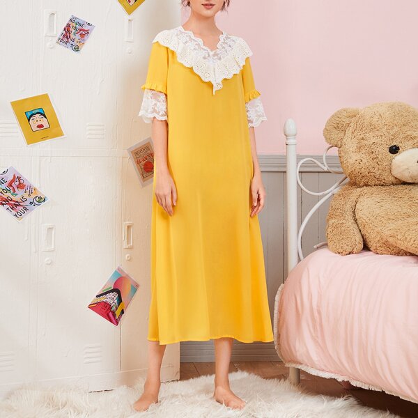 

Embroidery Mesh Ruffle Trim Nightdress, Yellow bright