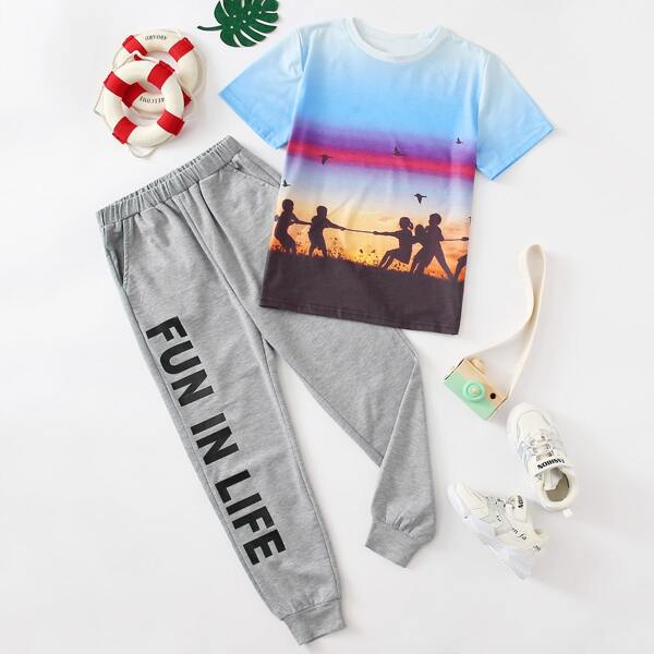 

Boys Figure and Bird Print Top & Pants Set, Multicolor