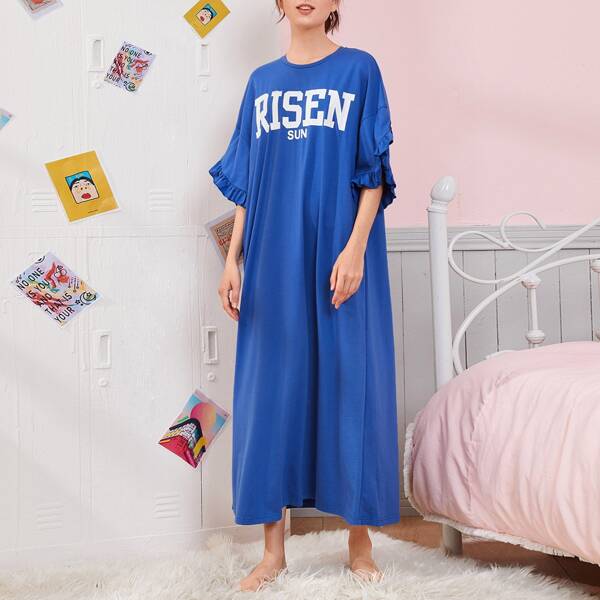 

Drop Shoulder Ruffle Cuff Letter Graphic Nightdress, Blue