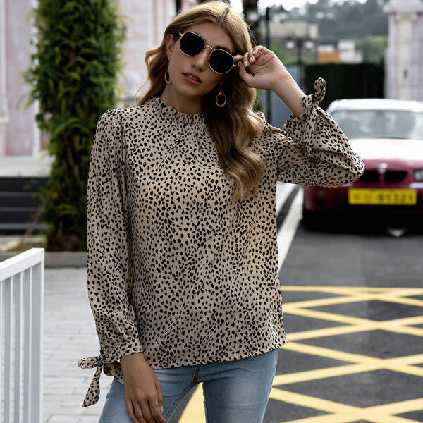 

Frill Neck All Over Print Knot Cuff Blouse, Apricot
