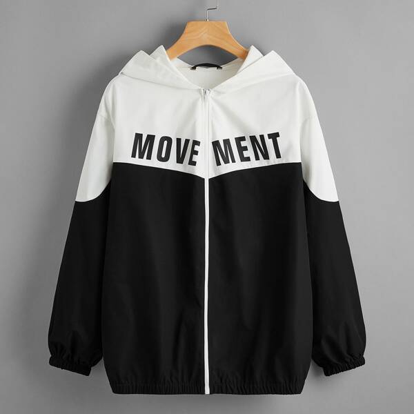 

Zip Up Letter Graphic Two Tone Hooded Jacket, Black