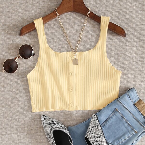 

Lettuce Trim Buttoned Front Rib-knit Tank Top, Yellow pastel