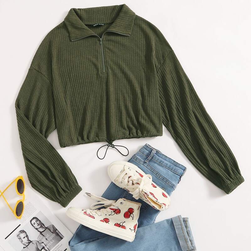 

Collared Zip Half Placket Drawstring Hem Pullover, Army green