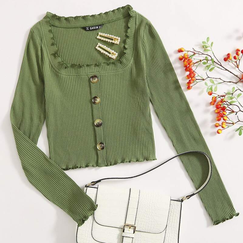 

Button Front Lettuce Edge Rib-knit Tee, Army green