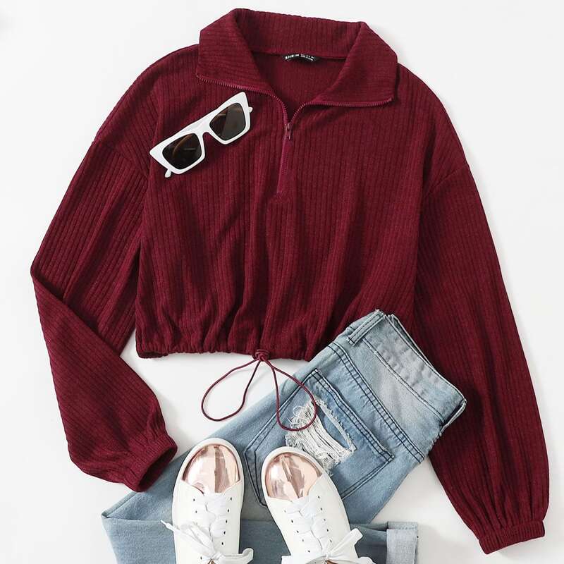 

Zipper Half Placket Drawstring Hem Pullover, Maroon