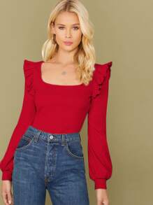 SHEIN Square Neck Ruffle Trim Solid Tee - Red - View 1
