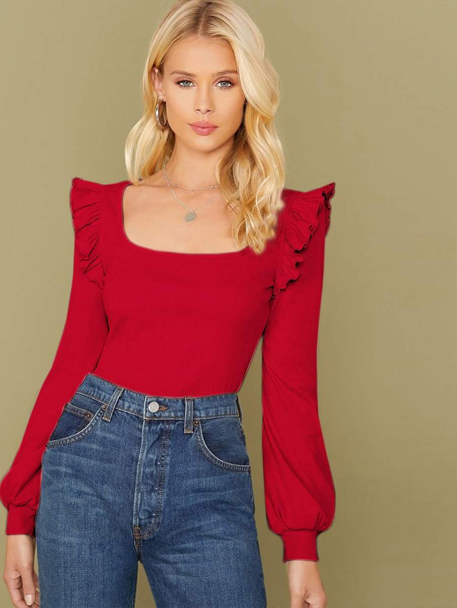 SHEIN Square Neck Ruffle Trim Solid Tee - Red - View 1