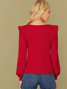 SHEIN Square Neck Ruffle Trim Solid Tee - Red - View 2