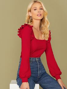 SHEIN Square Neck Ruffle Trim Solid Tee - Red - View 3