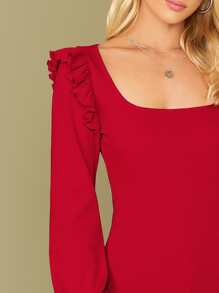 SHEIN Square Neck Ruffle Trim Solid Tee - Red - View 4