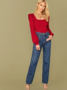 SHEIN Square Neck Ruffle Trim Solid Tee - Red - View 5