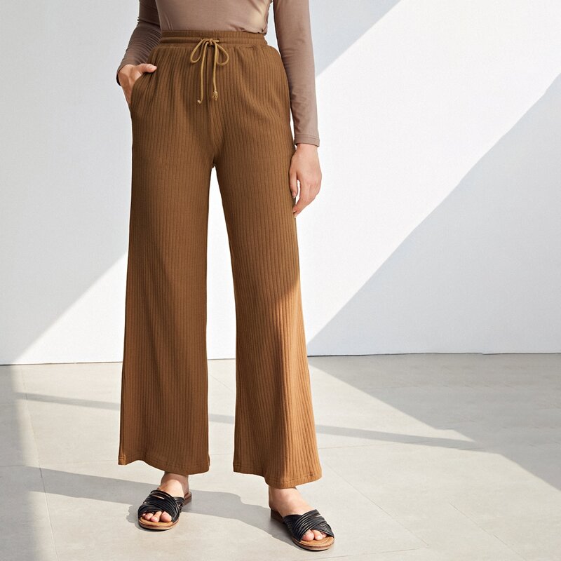 Drawstring Waist Rib-knit Wide Leg Pants, Brown