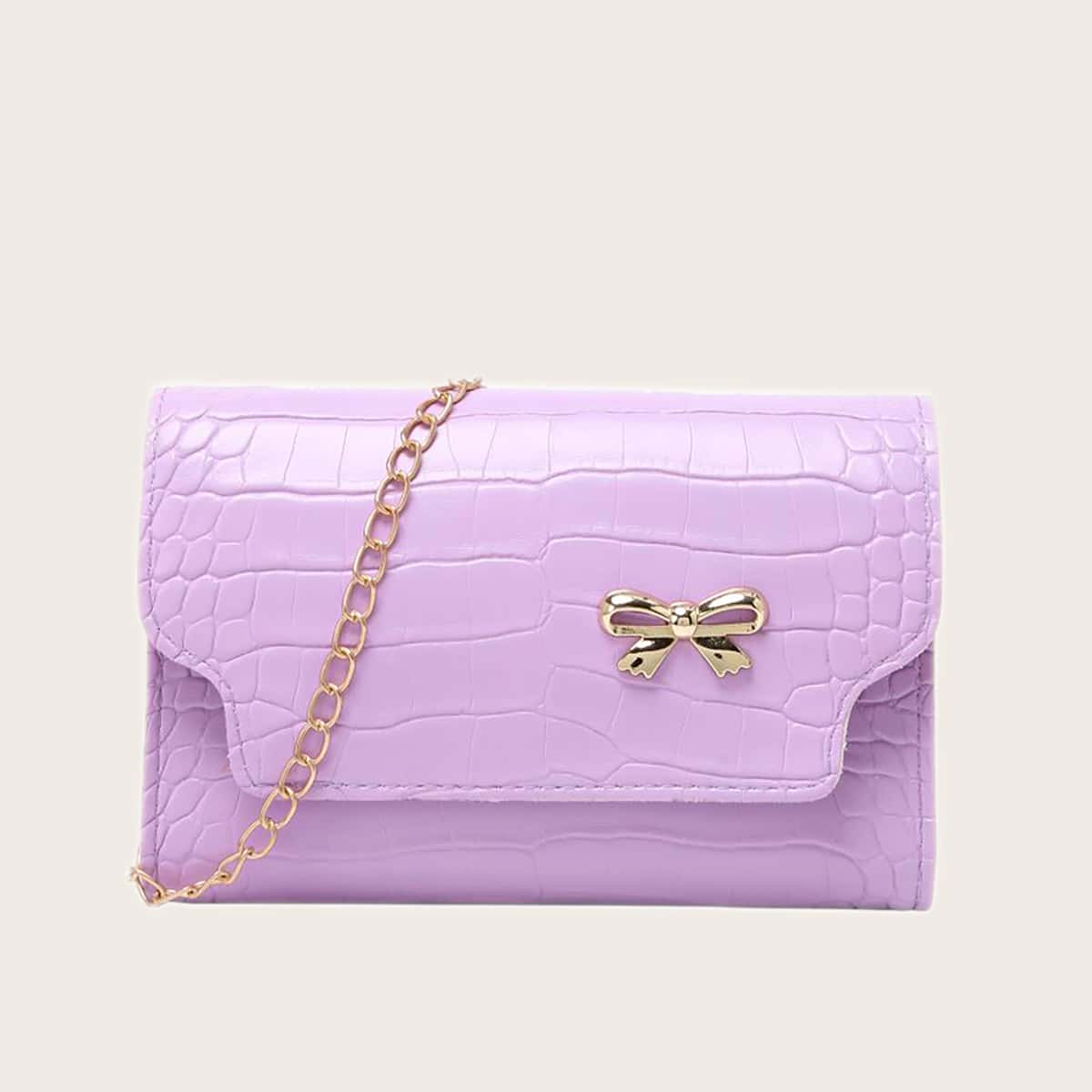 

Metal Bow Decor Croc Embossed Chain Bag, Purple