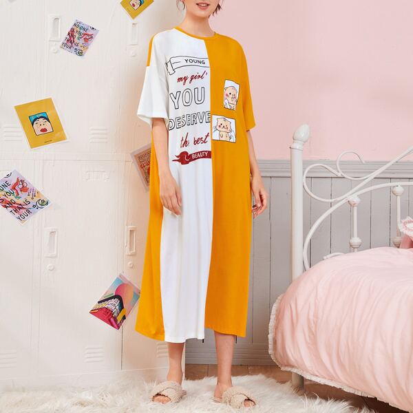 

Letter and Cat Print Drop Shoulder Nightdress, Multicolor
