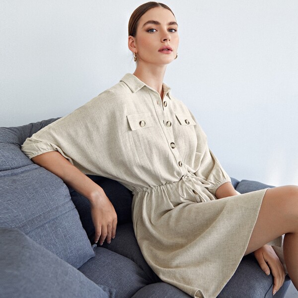 

Collared Buttoned Front Drawstring Waist Dress, Beige
