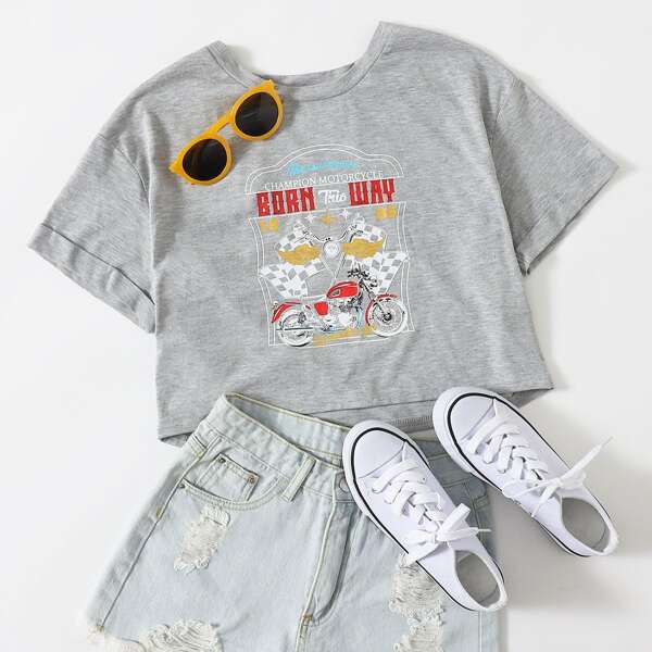 

Graphic Print Crop Top, Grey