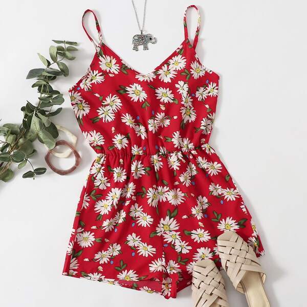 

Allover Daisy Floral Cami Romper, Red