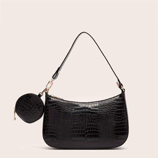 

Croc Embossed Baguette Bag With Coin Case, Black